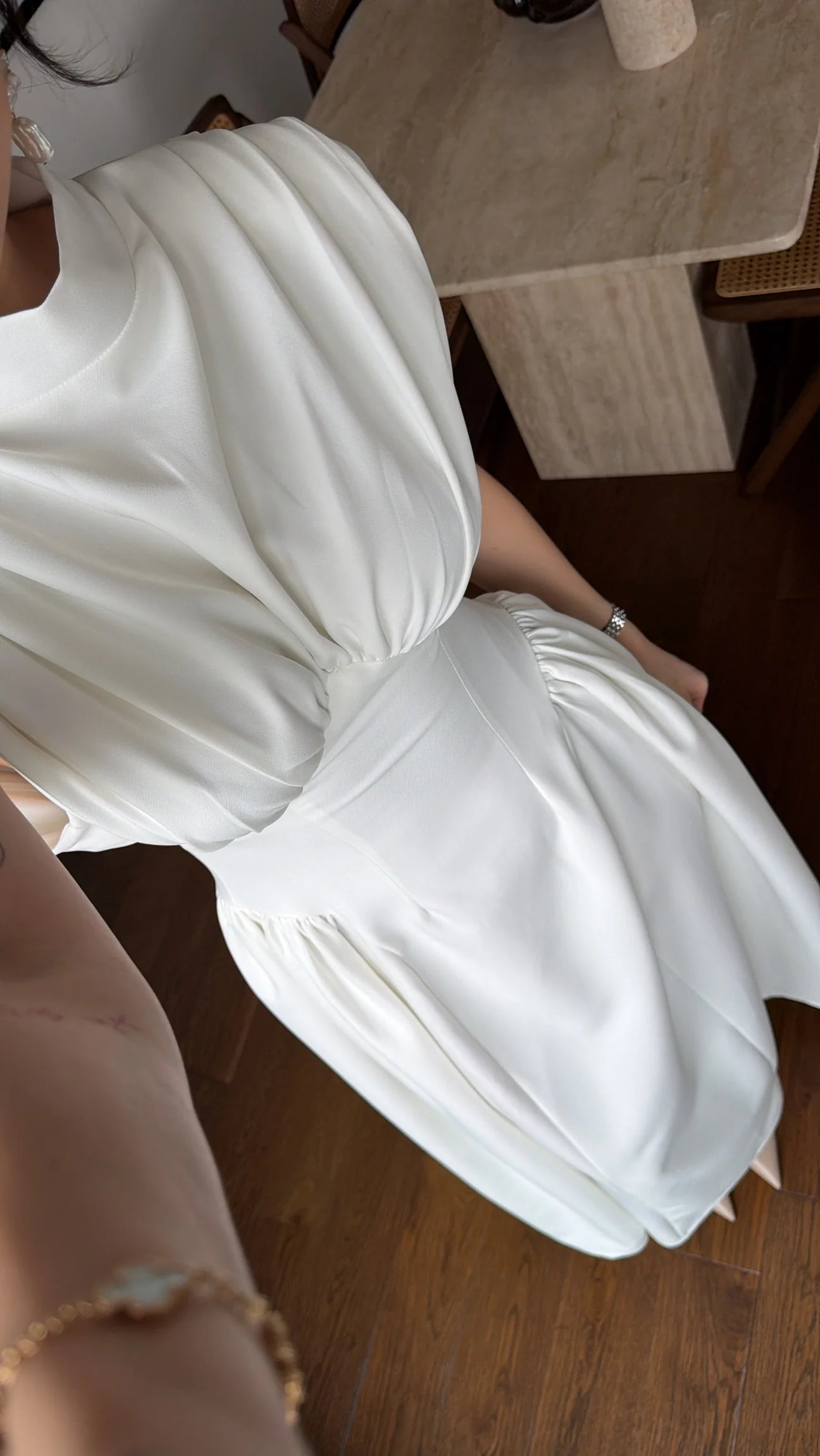 White Enid Waist-Fitted Padded Dresswith back neck tie