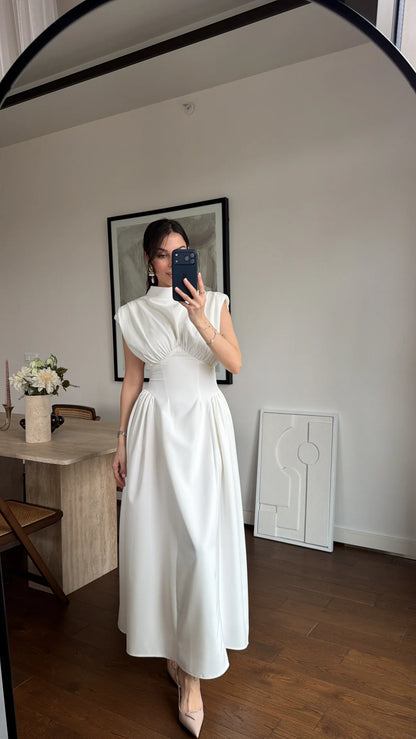 White Enid Waist-Fitted Padded Dresswith back neck tie