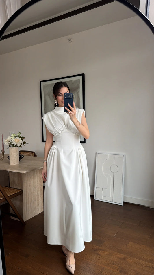 White Enid Waist-Fitted Padded Dresswith back neck tie