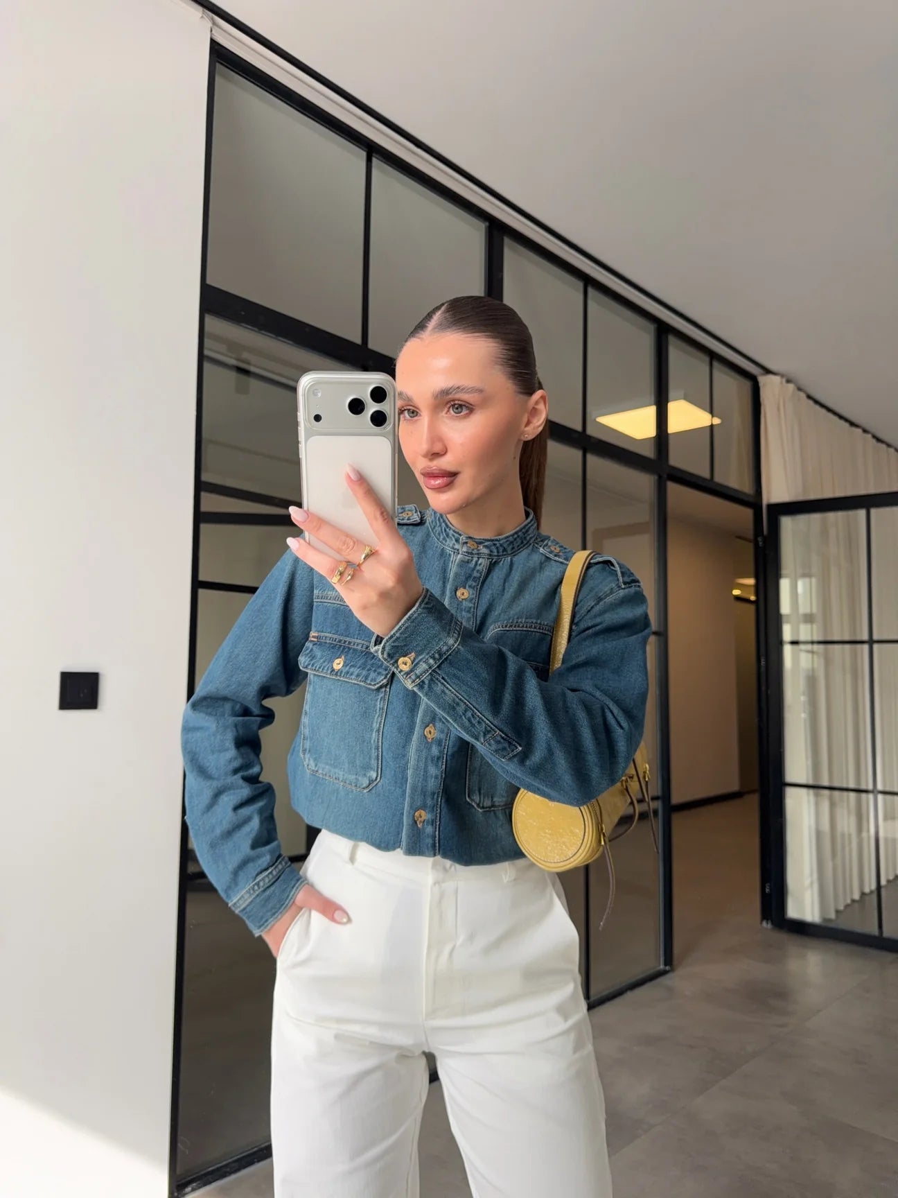DENIM SHIRT WITH STAND-IN COLLAR AND EPAULETS