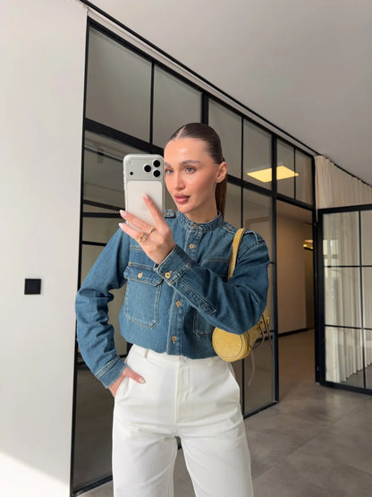 DENIM SHIRT WITH STAND-IN COLLAR AND EPAULETS