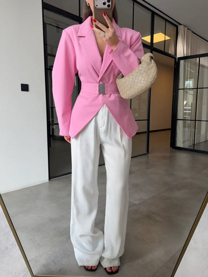 Pink Double-Breasted blazer with Belt Detail
