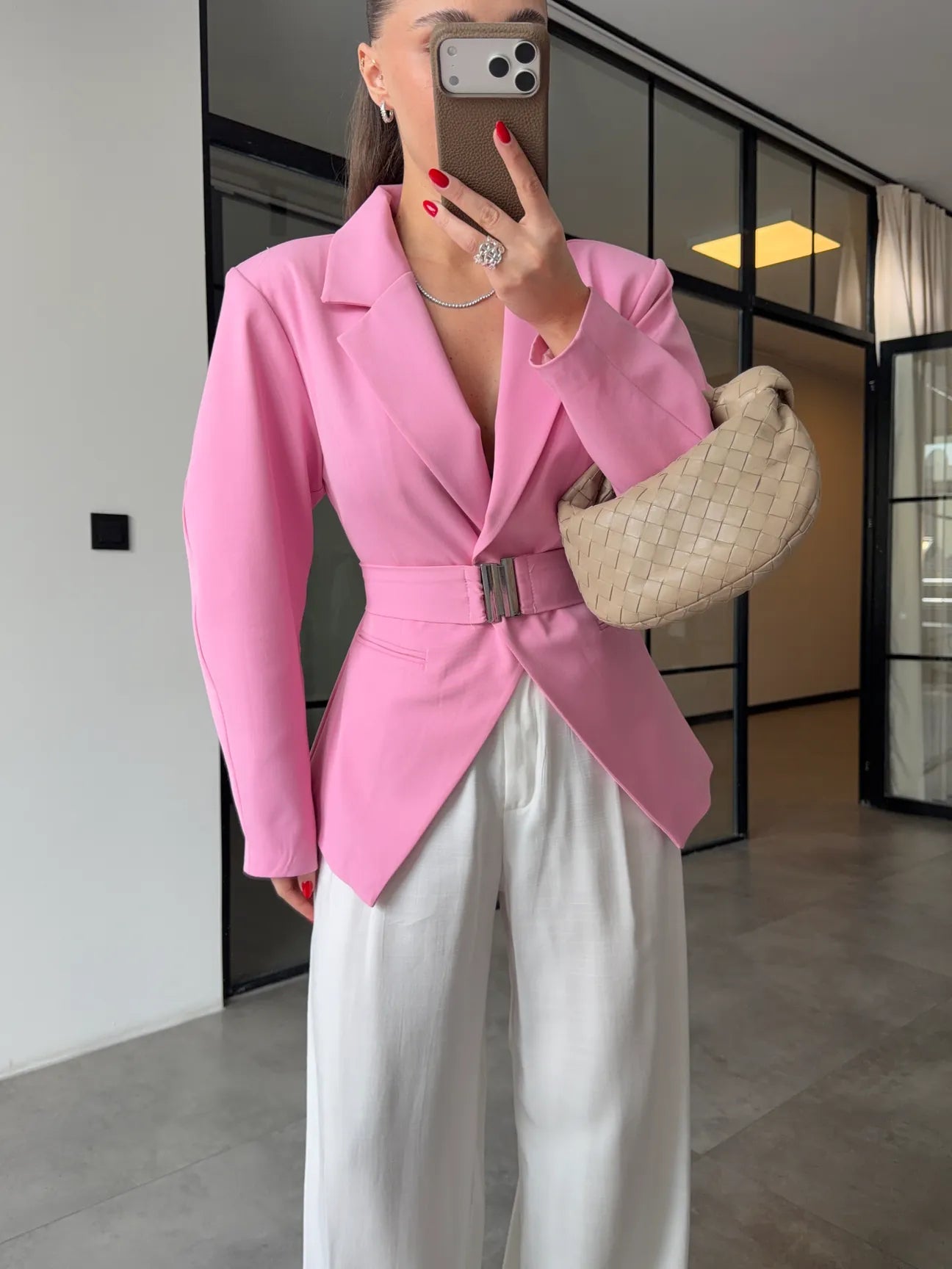 Pink Double-Breasted blazer with Belt Detail