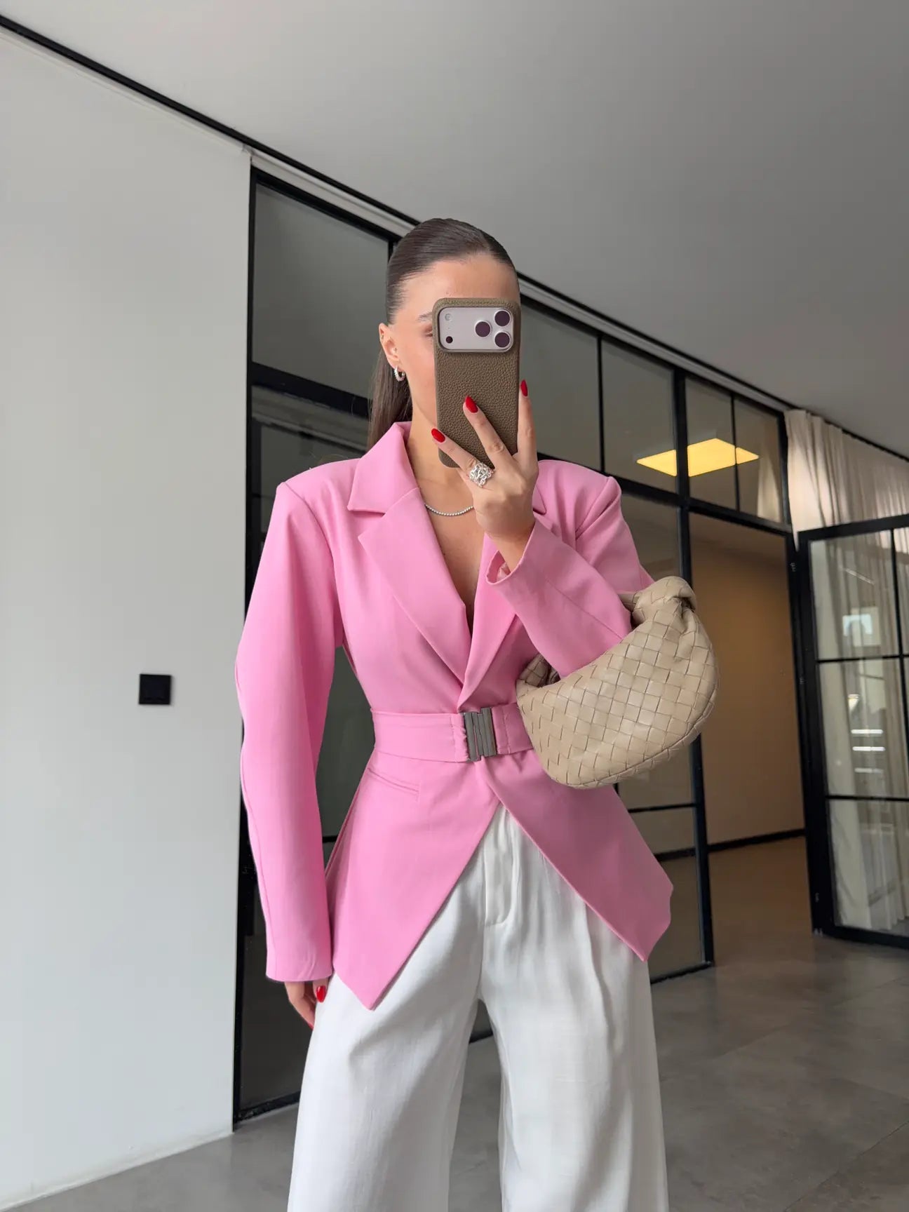 Pink Double-Breasted blazer with Belt Detail