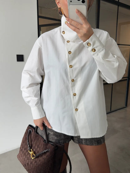 High-neck white side buttons shirt