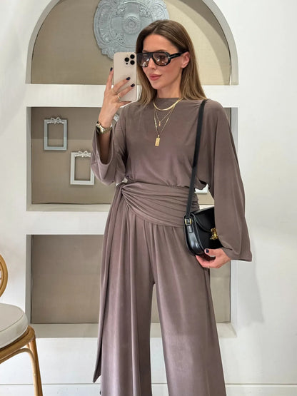 wide sleeve blouse With waist drapped co-ord set - mink