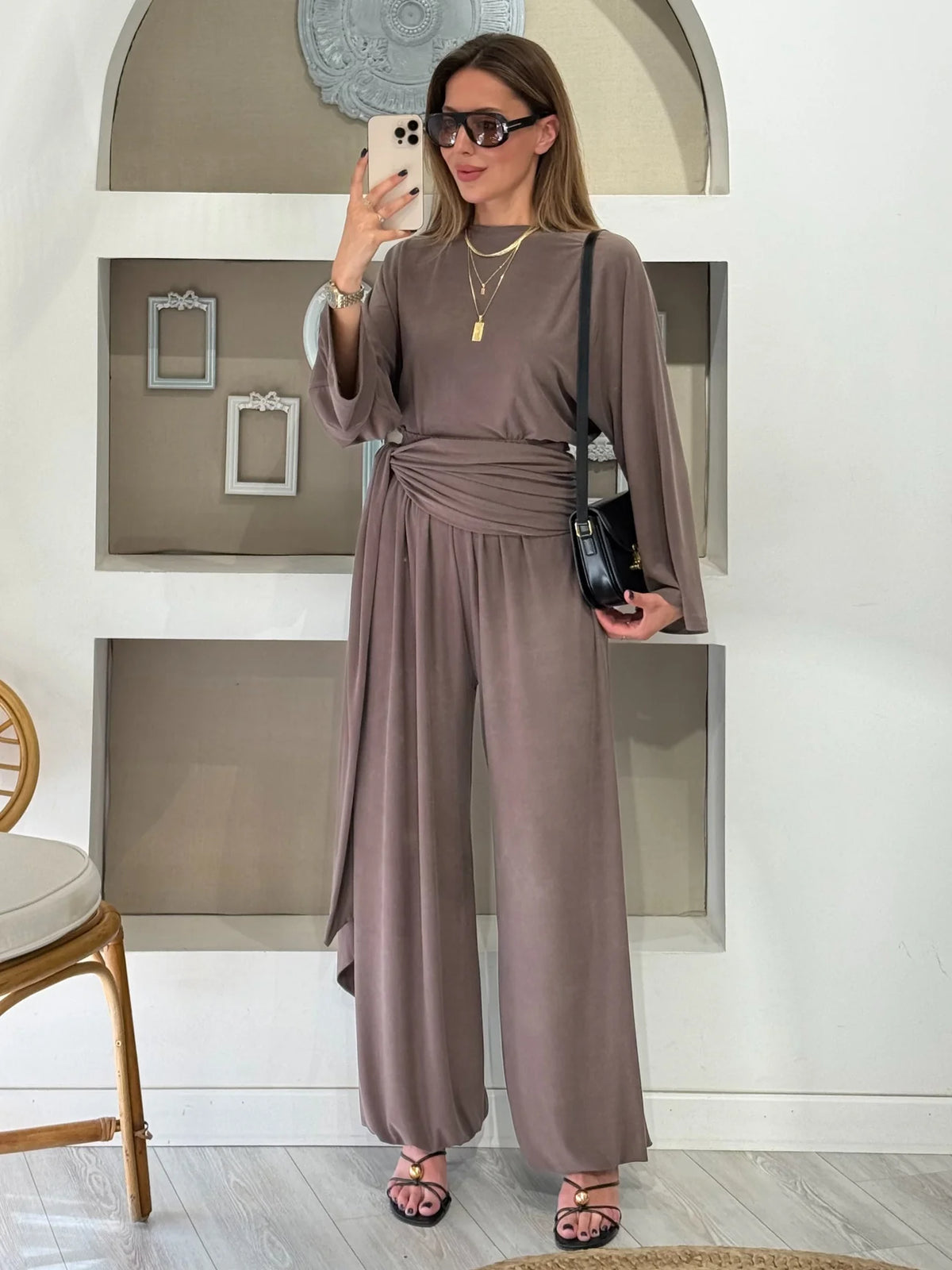 wide sleeve blouse With waist drapped co-ord set - mink
