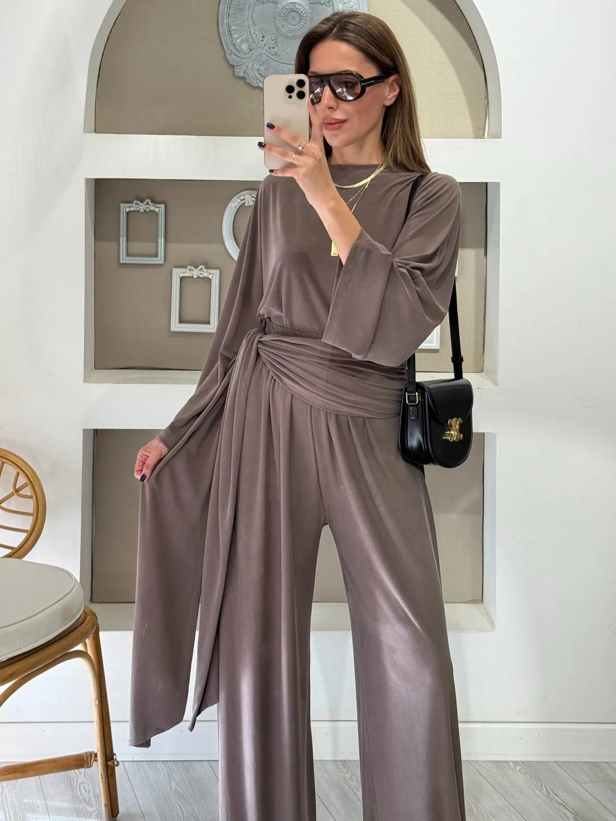 wide sleeve blouse With waist drapped co-ord set - mink