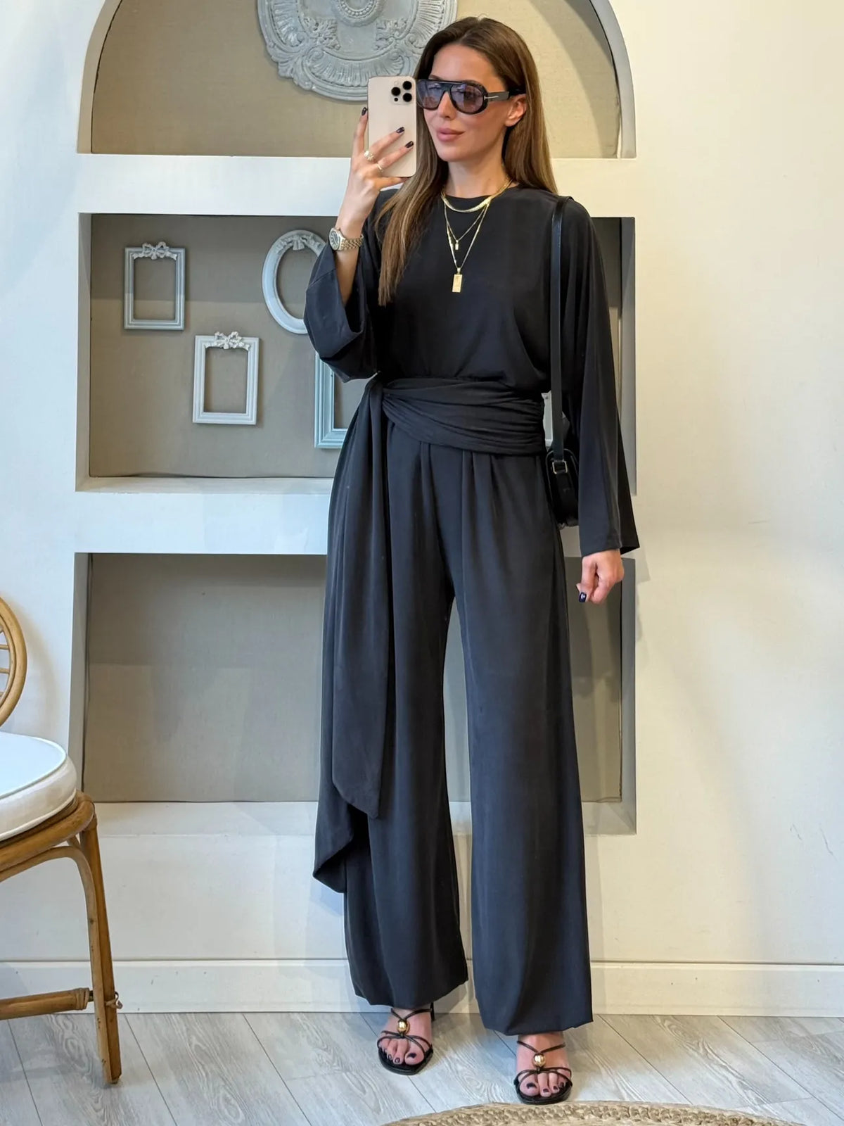 wide sleeve blouse With waist drapped co-ord set - black