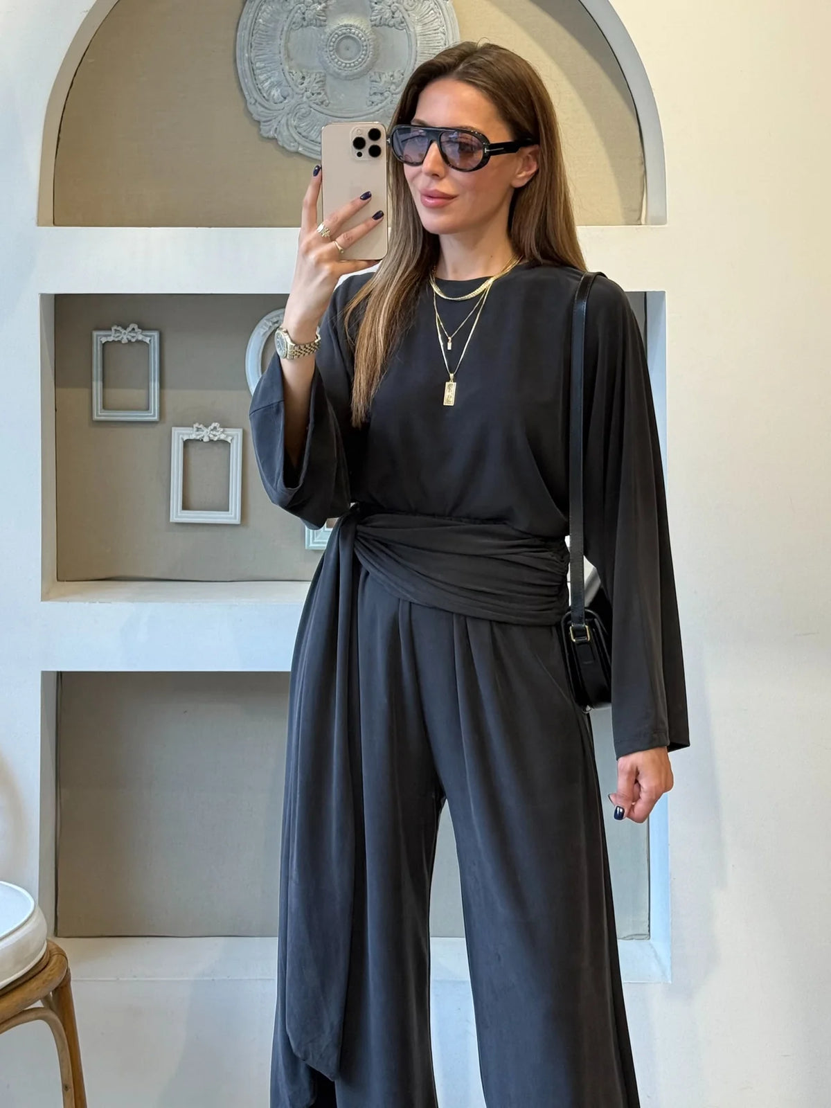 wide sleeve blouse With waist drapped co-ord set - black
