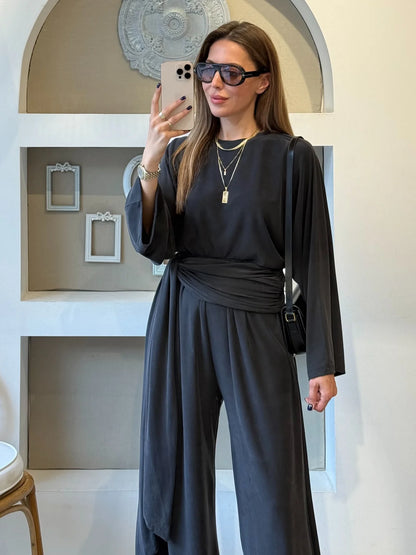 wide sleeve blouse With waist drapped co-ord set - black