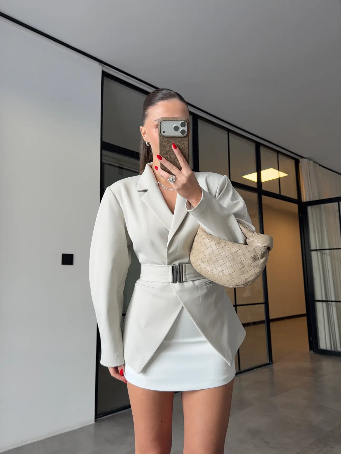 Beige Double-Breasted blazer with Belt Detail