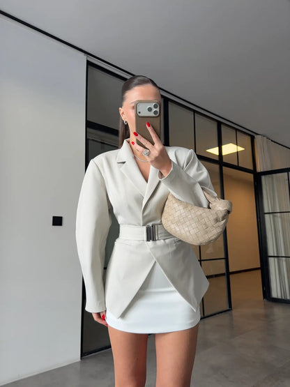 Beige Double-Breasted blazer with Belt Detail