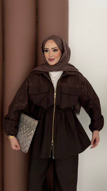 Gold zipper jacket with lace details co-ord set -brown
