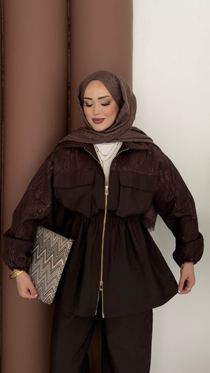 Gold zipper jacket with lace details co-ord set -brown