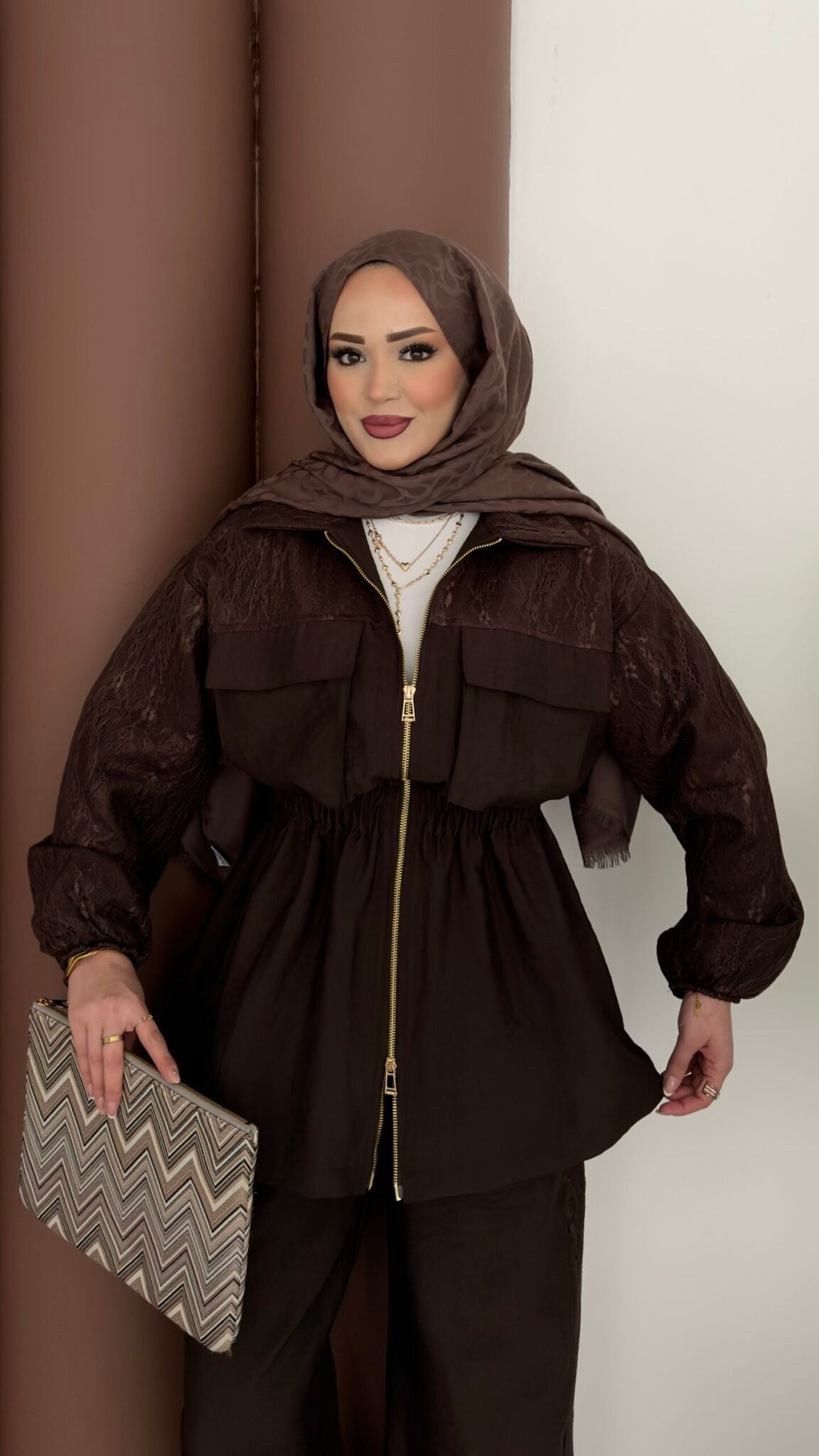 Gold zipper jacket with lace details co-ord set -brown