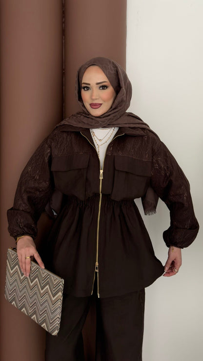 Gold zipper jacket with lace details co-ord set -brown