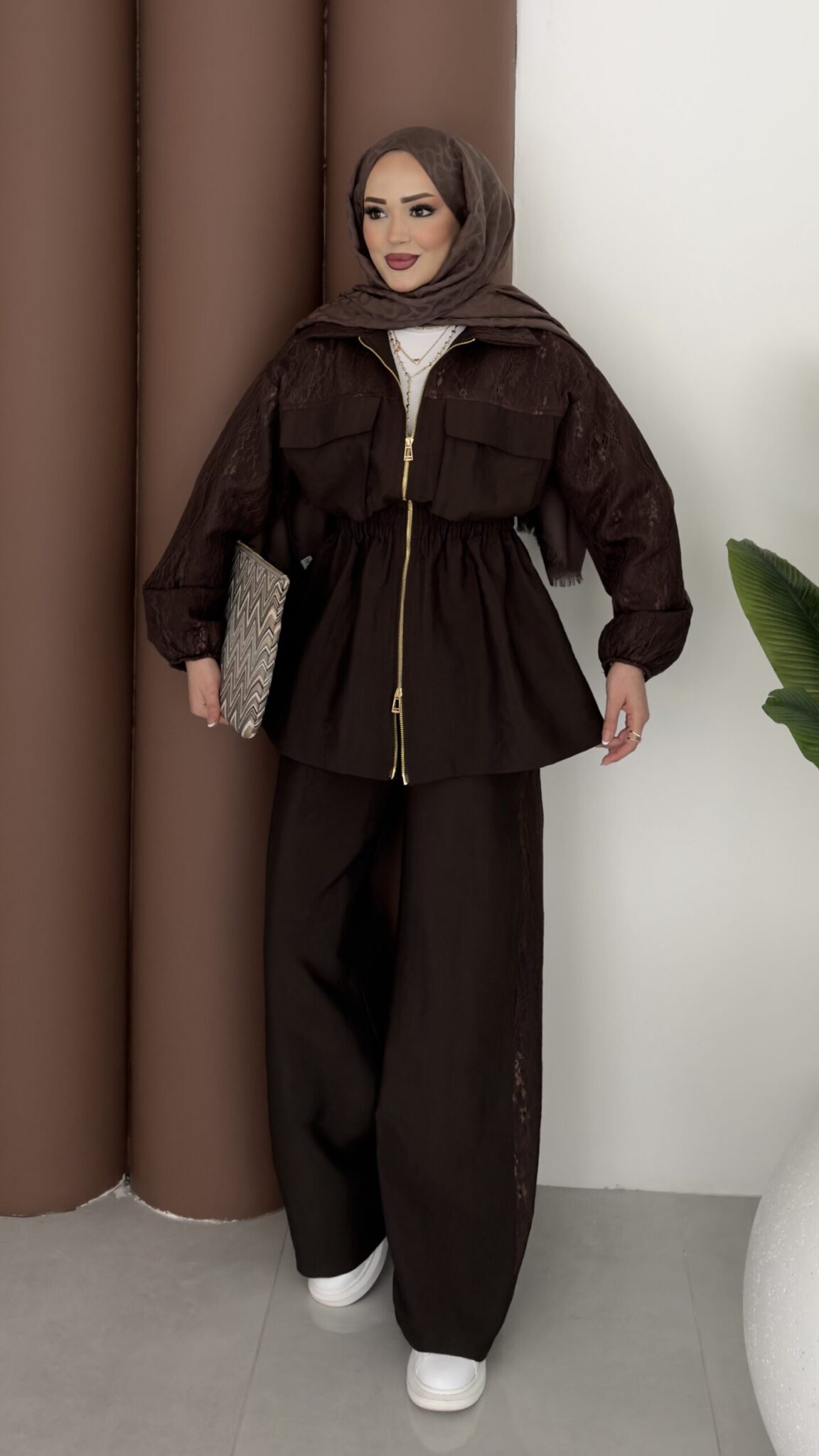 Gold zipper jacket with lace details co-ord set -brown