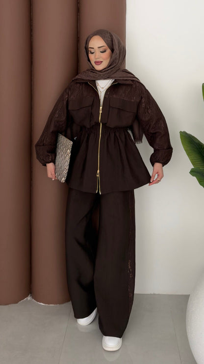 Gold zipper jacket with lace details co-ord set -brown