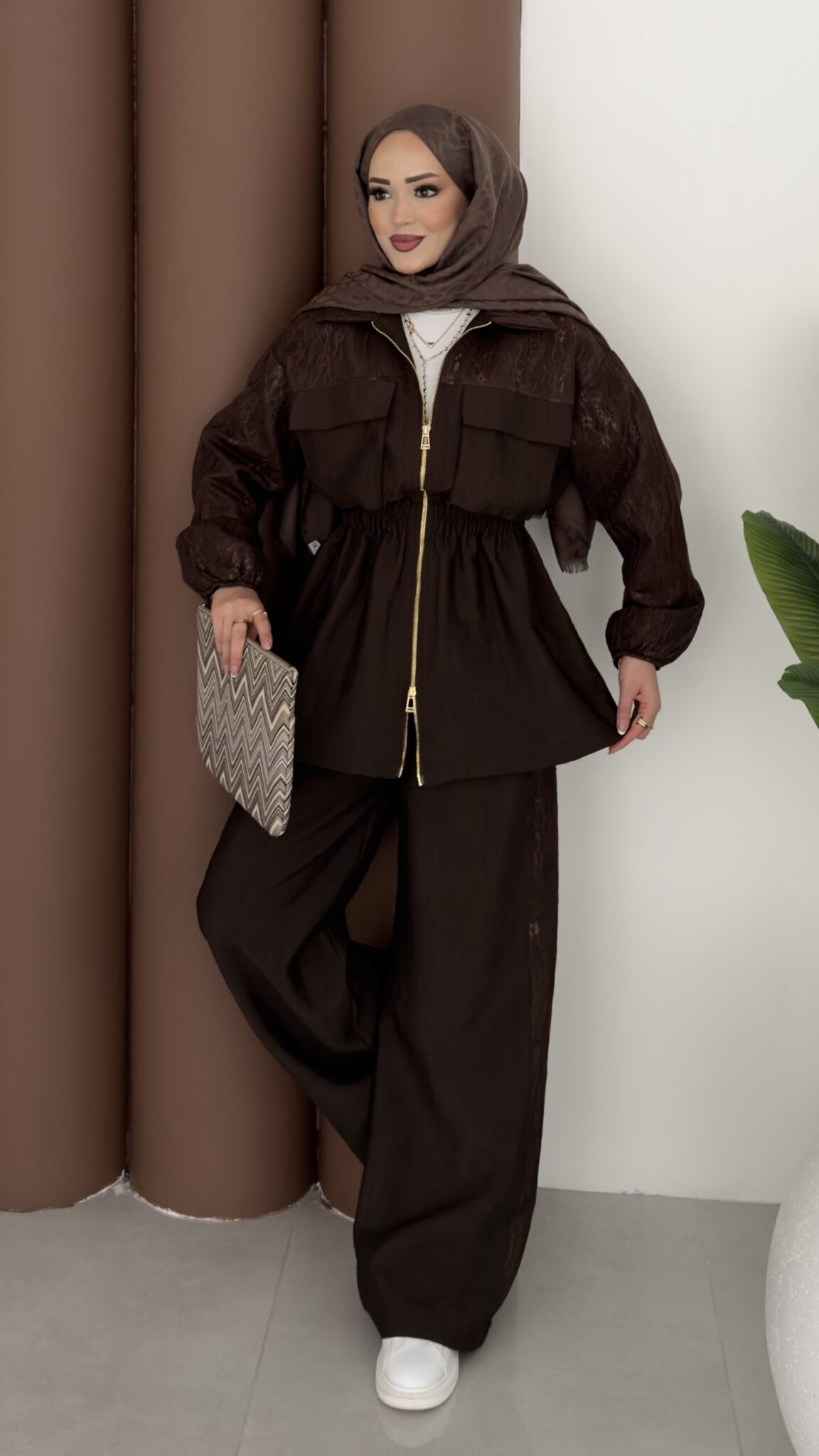 Gold zipper jacket with lace details co-ord set -brown
