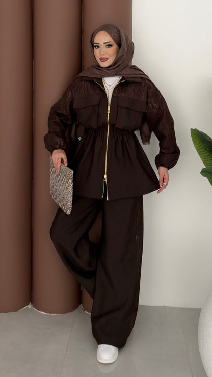 Gold zipper jacket with lace details co-ord set -brown