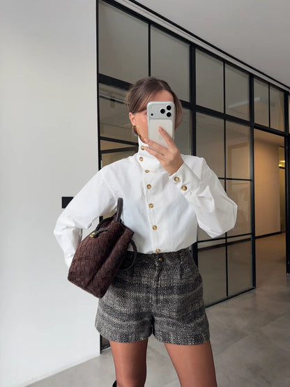 High-neck white side buttons shirt
