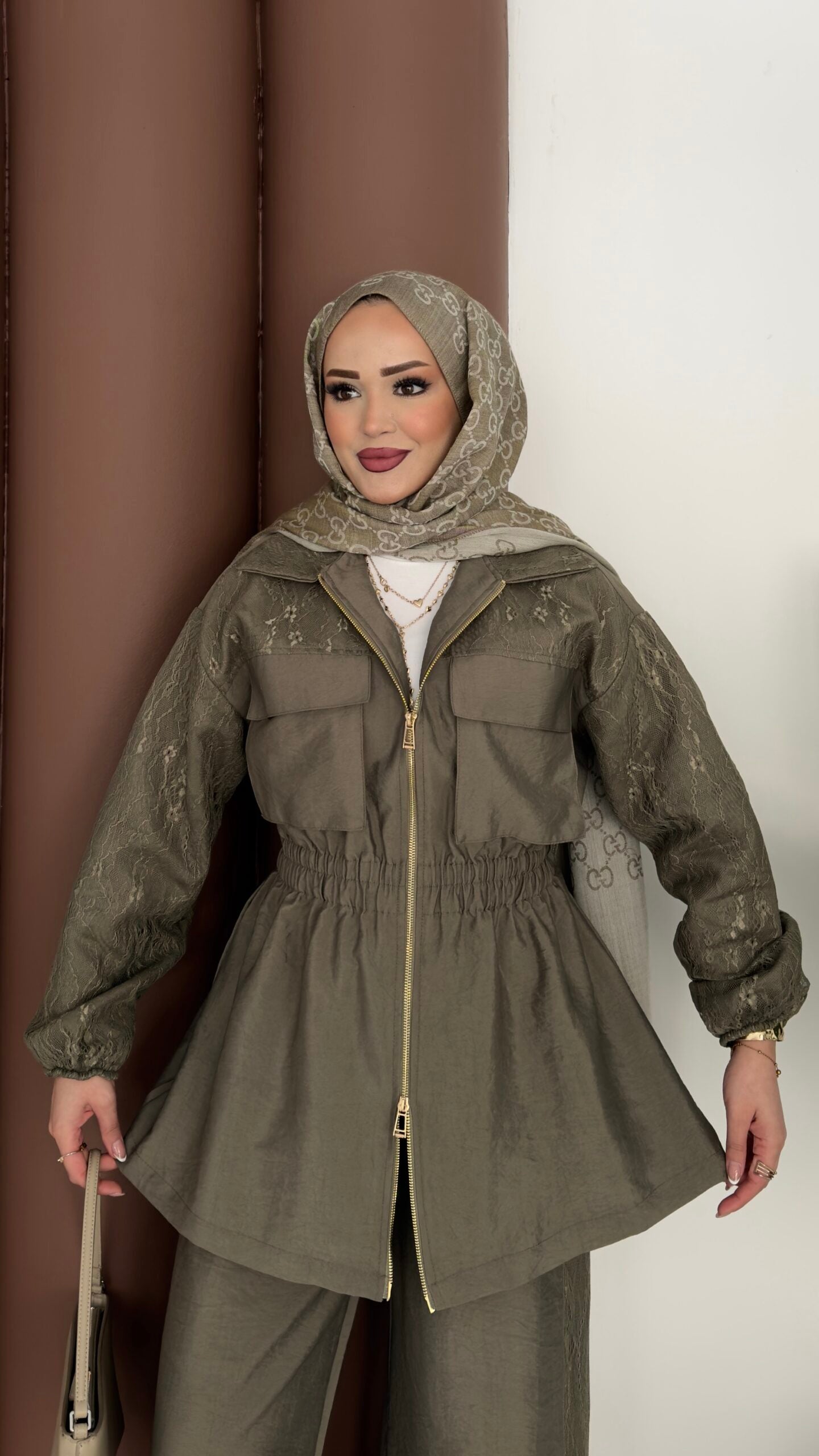 Gold zipper jacket with lace details co-ord set - olive green