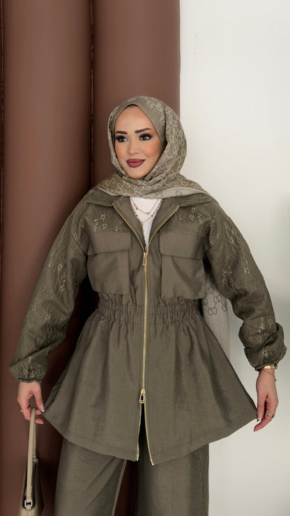 Gold zipper jacket with lace details co-ord set - olive green