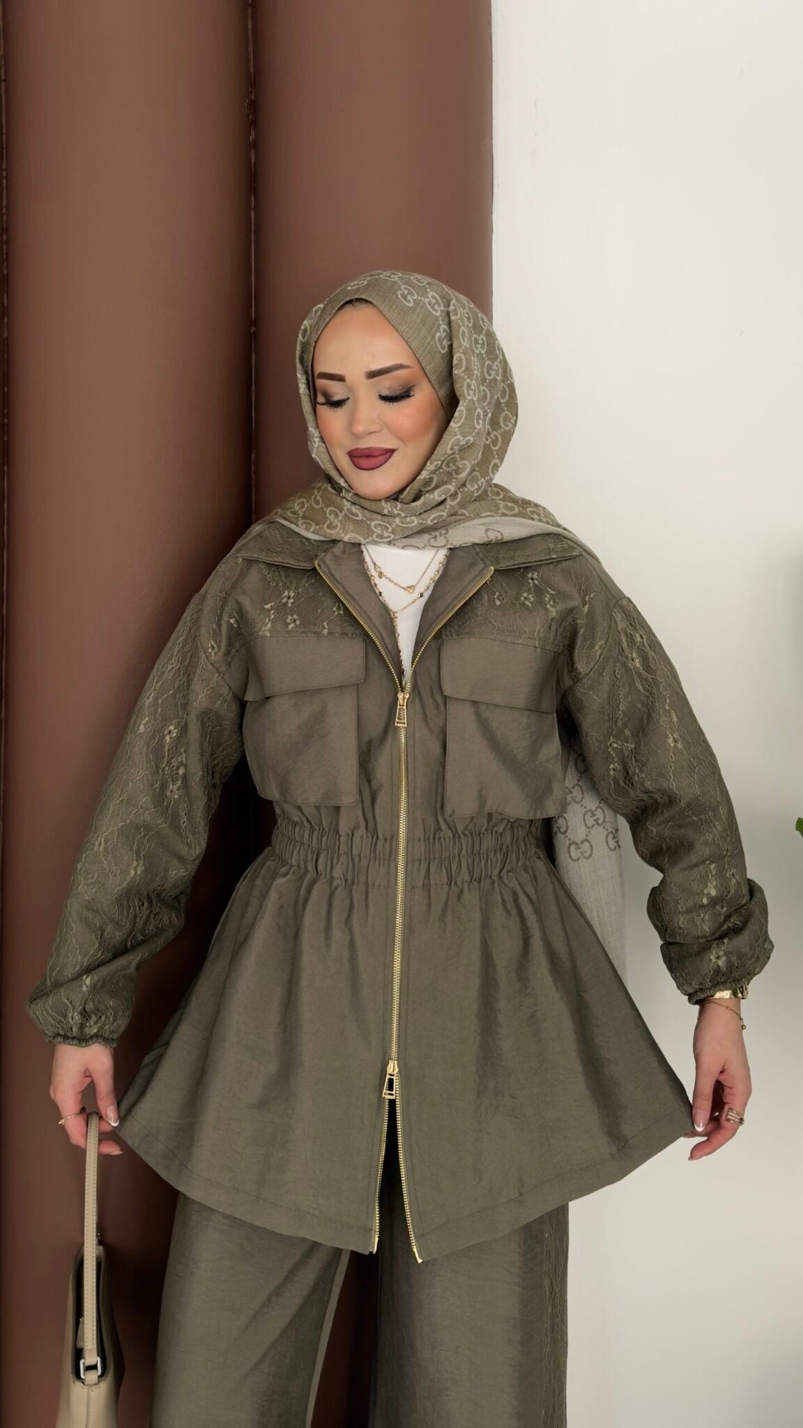 Gold zipper jacket with lace details co-ord set - olive green