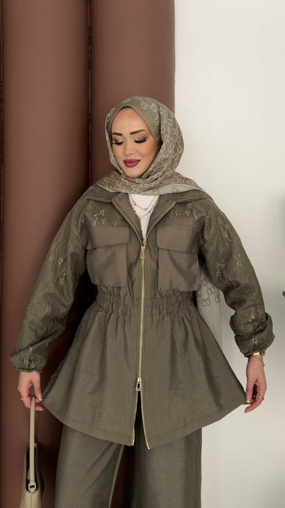Gold zipper jacket with lace details co-ord set - olive green