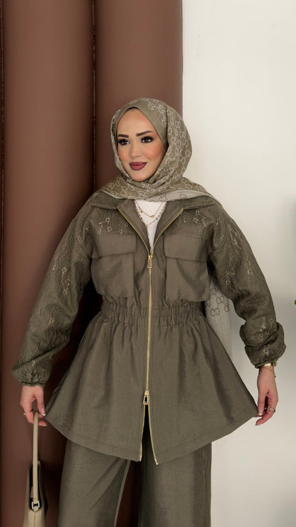Gold zipper jacket with lace details co-ord set - olive green