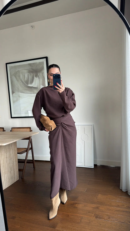 ASYMMETRICAL BLOUSE AND RUFFLED SKIRT SET