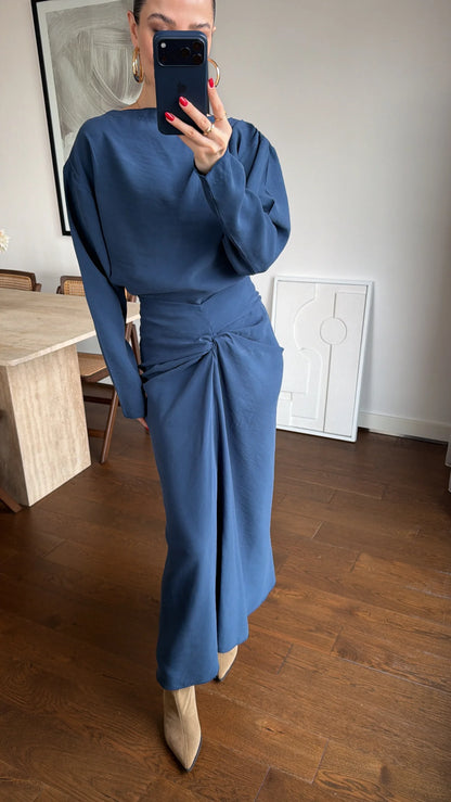 ASYMMETRICAL BLOUSE AND RUFFLED SKIRT SET