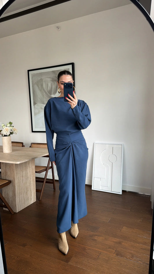 ASYMMETRICAL BLOUSE AND RUFFLED SKIRT SET