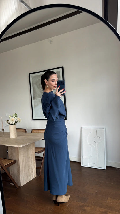 ASYMMETRICAL BLOUSE AND RUFFLED SKIRT SET