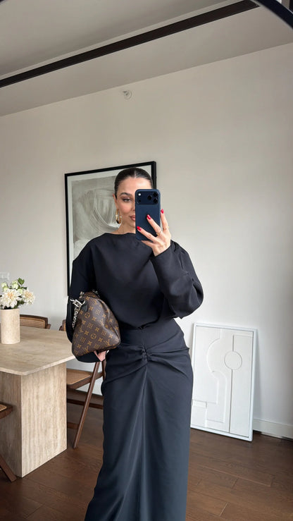 ASYMMETRICAL BLOUSE AND RUFFLED SKIRT SET