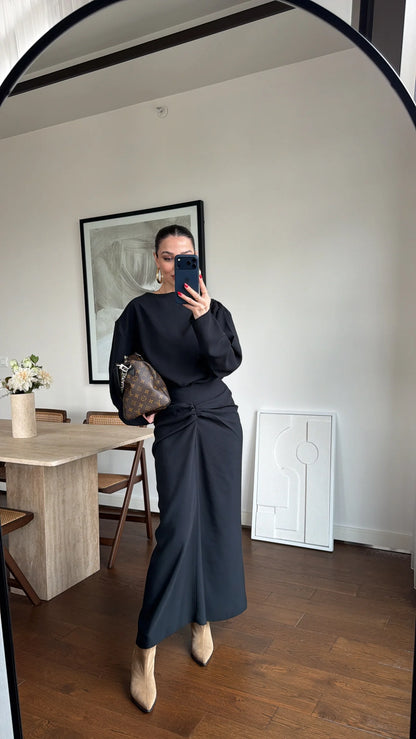 ASYMMETRICAL BLOUSE AND RUFFLED SKIRT SET