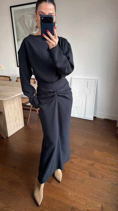 ASYMMETRICAL BLOUSE AND RUFFLED SKIRT SET