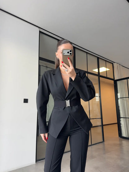 Black Double-Breasted blazer with Belt Detail