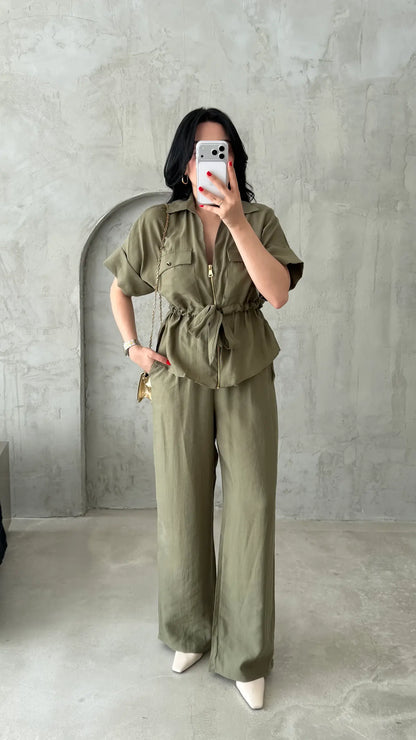 Gold zipper short sleeve tencel co-ord set