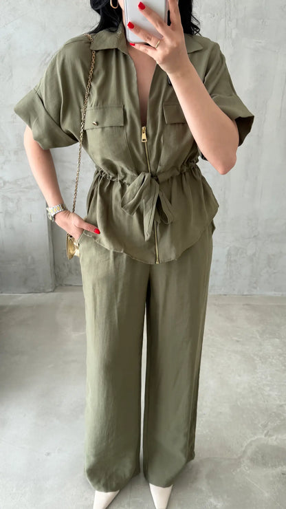 Gold zipper short sleeve tencel co-ord set