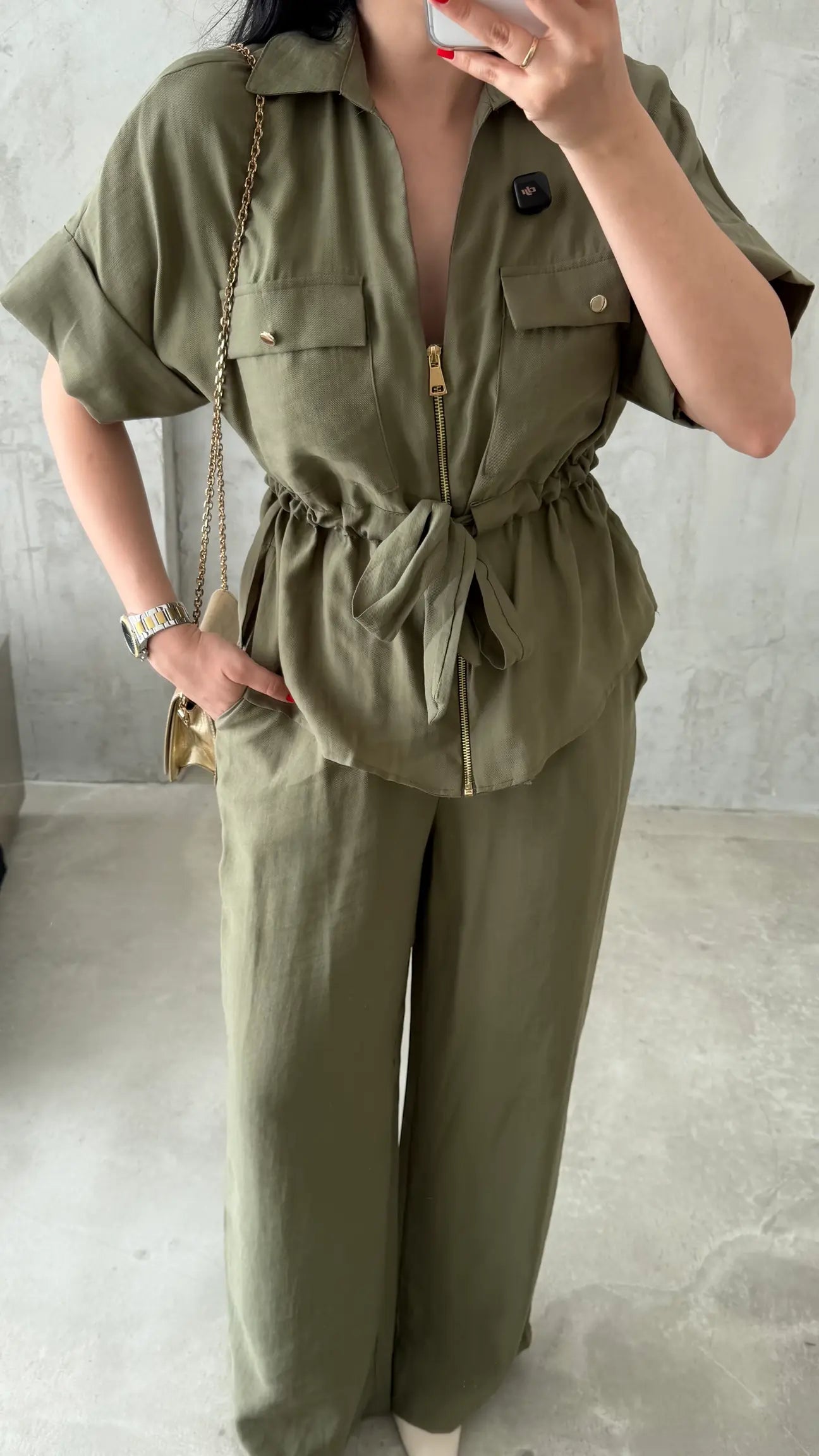Gold zipper short sleeve tencel co-ord set