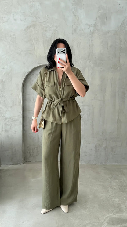 Gold zipper short sleeve tencel co-ord set