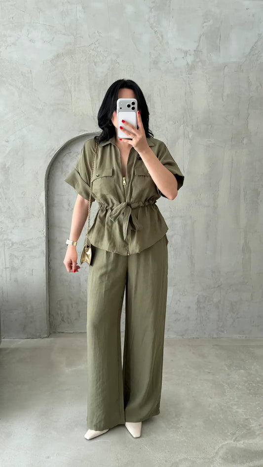 Gold zipper short sleeve tencel co-ord set