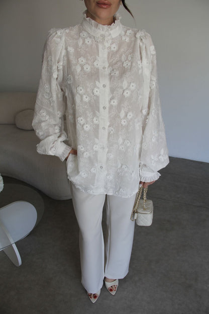Ballon sleeves Stand Collar Premium Cotton Shirt with 3D Floral Embroidery