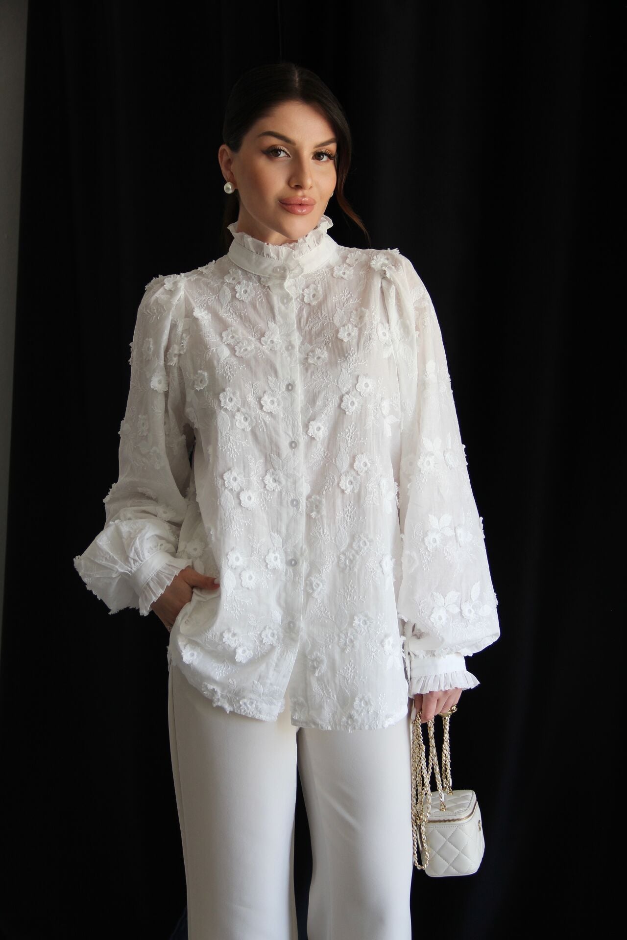 Ballon sleeves Stand Collar Premium Cotton Shirt with 3D Floral Embroidery