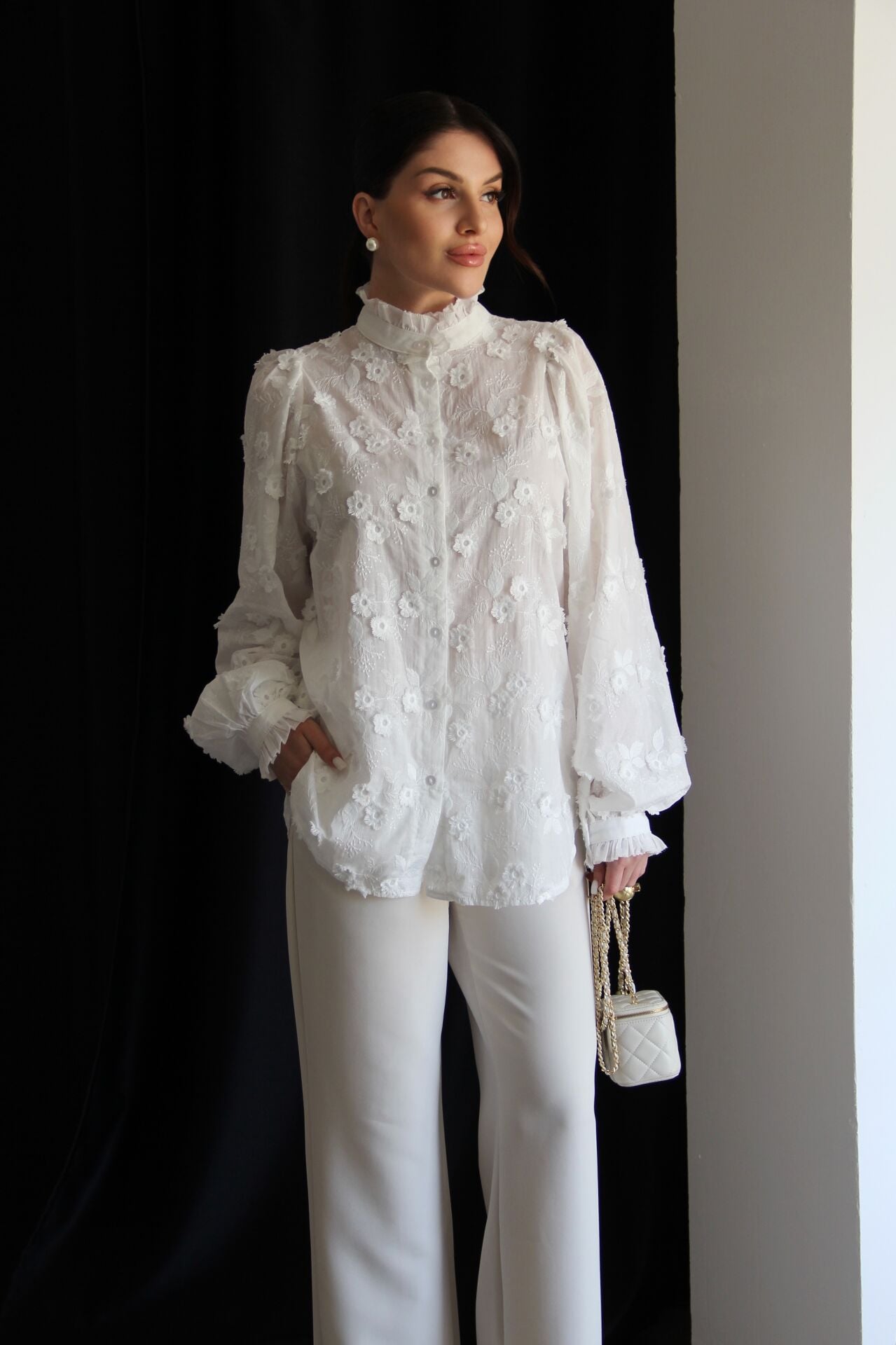 Ballon sleeves Stand Collar Premium Cotton Shirt with 3D Floral Embroidery