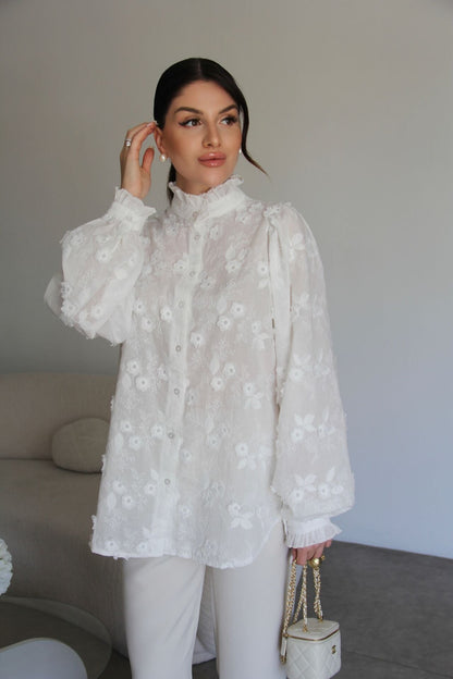 Ballon sleeves Stand Collar Premium Cotton Shirt with 3D Floral Embroidery