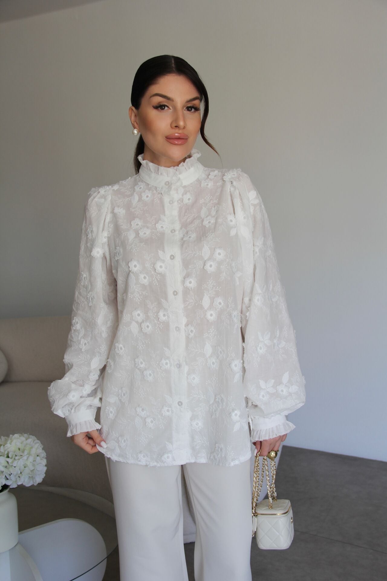 Ballon sleeves Stand Collar Premium Cotton Shirt with 3D Floral Embroidery