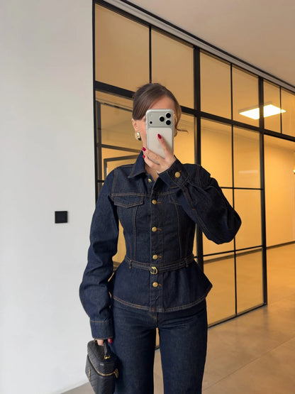 GOLD BUTTONED WAIST-FITTED JACKET AND STRAIGHT PANTS DENIM SET